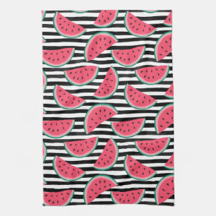 Sweet Watermelon on Stripes Black & White Pattern Tea Towel