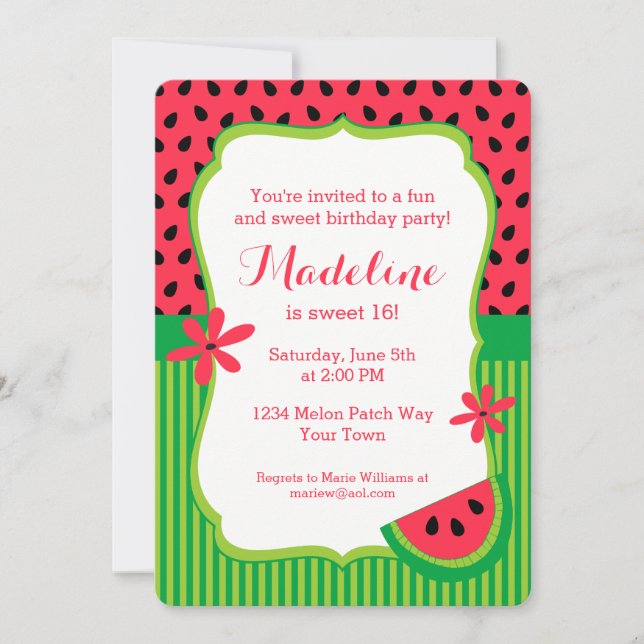 Sweet Watermelon Stripe Invitation (Front)