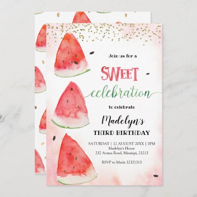 Sweet Watermelon Summer Birthday Invitation (Front/Back)