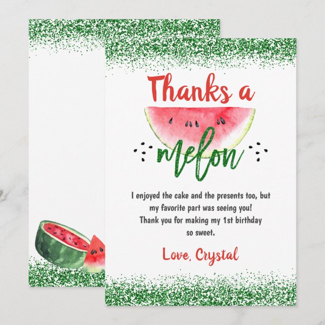 Sweet Watermelon Thanks a Melon Birthday Thank You Card (Front/Back)