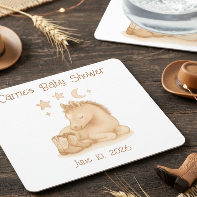 Sweet Western Baby Boots and Foal Baby Shower Square Paper Coaster (Sweet foal and baby boots western theme baby shower drink coaster)