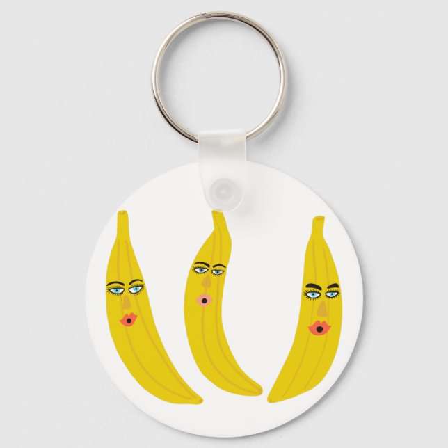 Sweet Whimsical Banana Trio Fruity Fun Key Ring (Front)