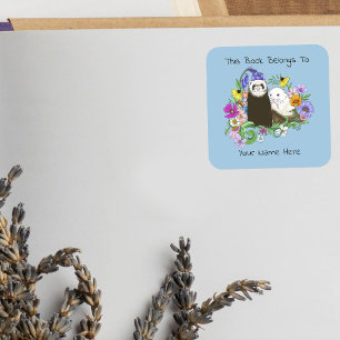 Sweet Whimsical Blue Cute Floral Ferret Bookplate Square Sticker