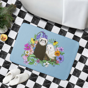 Sweet Whimsical Blue Cute Floral Ferrets Pair Bath Mat