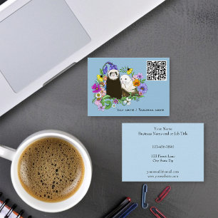 Sweet Whimsical Blue Cute Floral Ferrets Pair Business Card