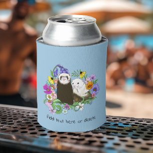 Sweet Whimsical Blue Cute Floral Ferrets Pair Can Cooler