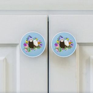 Sweet Whimsical Blue Cute Floral Ferrets Pair  Ceramic Knob