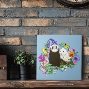 Sweet Whimsical Blue Cute Floral Ferrets Pair  Ceramic Tile