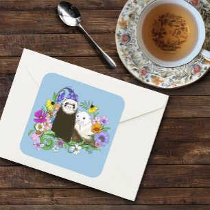Sweet Whimsical Blue Cute Floral Ferrets Pair Square Sticker