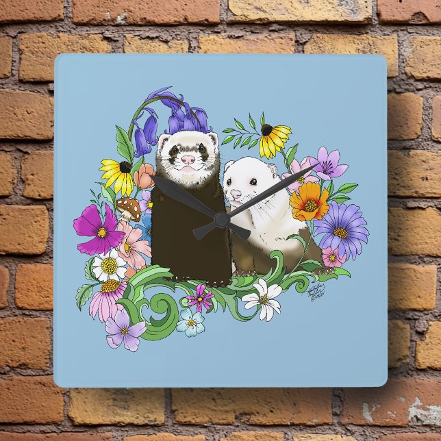 Sweet Whimsical Blue Cute Floral Ferrets Pair  Square Wall Clock (Creator Uploaded)