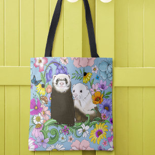 Sweet Whimsical Blue Cute Floral Ferrets Pair Tote Bag