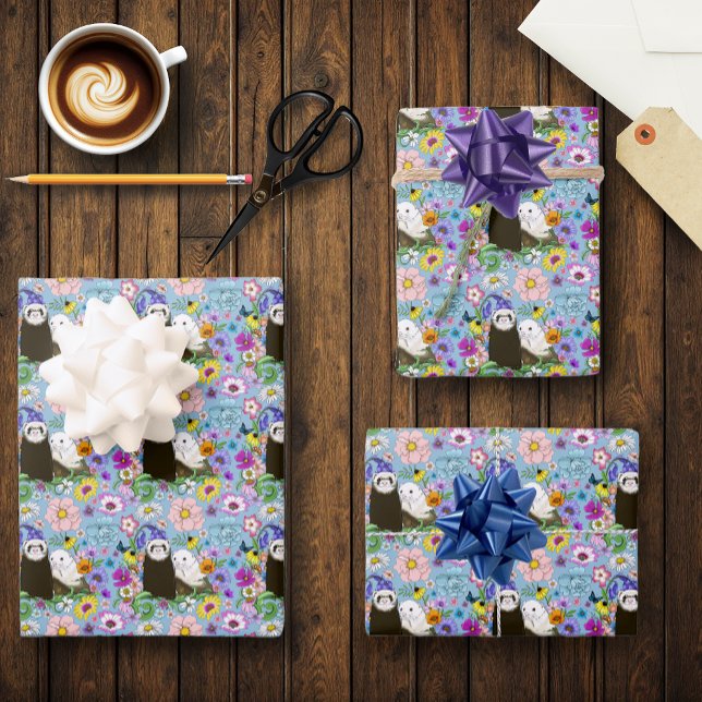 Sweet Whimsical Blue Cute Floral Ferrets Pair  Wrapping Paper Sheet (Creator Uploaded)