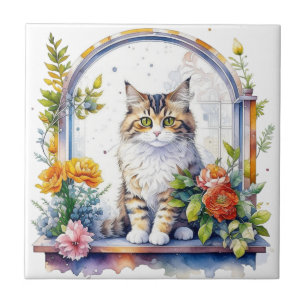 Sweet Whimsical Cat in Window of Flowers Ceramic Tile