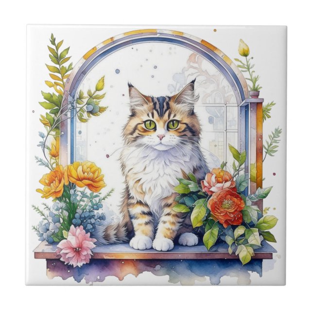 Sweet Whimsical Cat in Window of Flowers   Ceramic Tile (Front)