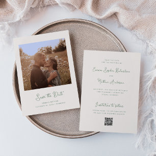 Sweet Whimsical Ivory and Sage   Photo and QR Code Save The Date
