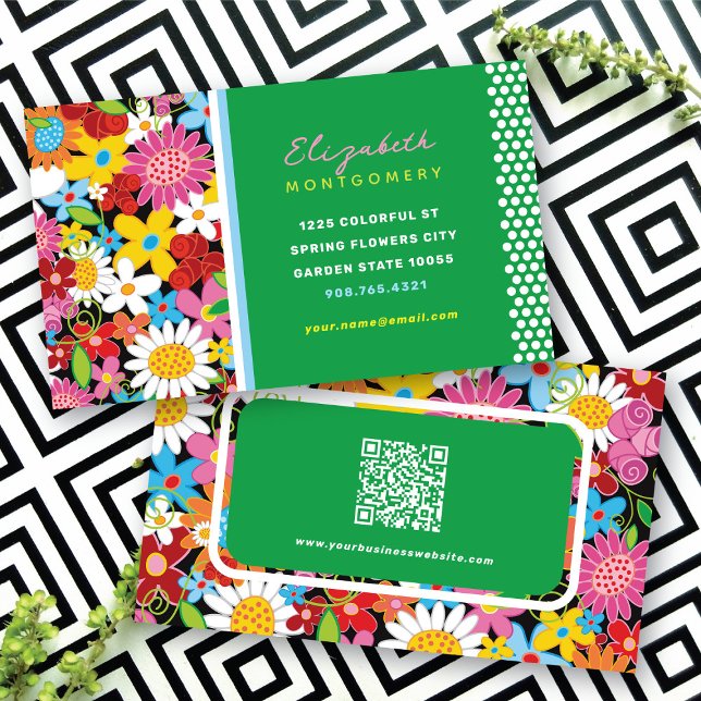 Sweet Whimsical Spring Flowers Colourful Garden Business Card (Sweet Whimsical Colorful Spring Flowers Garden Business / Profile Card @ fat_fa_tin)