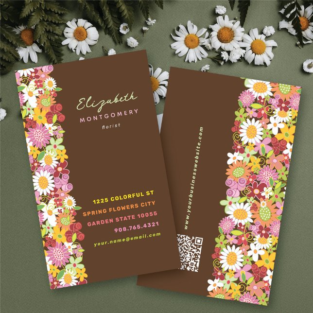 Sweet Whimsical Spring Flowers Colourful Garden Business Card (Sweet & Chic Pink Whimsical Spring Flowers Colorful Garden Business / Profile Card @ fat_fa_tin)