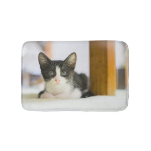 Sweet White And Black Kitten Bath Mat