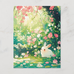 Sweet White Bunny in Sunlit Cherry Orchard Postcard