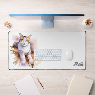 Sweet White Cat Watercolor Illustration Desk Mat