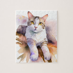 Sweet White Cat Watercolor Illustration Jigsaw Puzzle