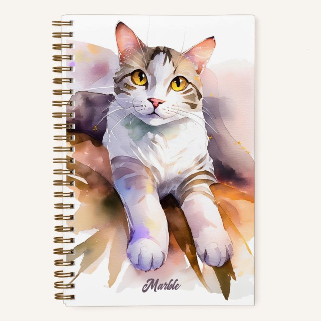 Sweet White Cat Watercolor Illustration Notebook (Front)