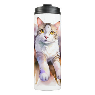 Sweet White Cat Watercolor Illustration Thermal Tumbler