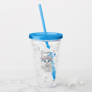 Sweet White Floral Cat Add Your Name Acrylic Tumbler