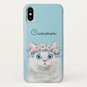 Sweet White Floral Cat Add Your Name iPhone X Case