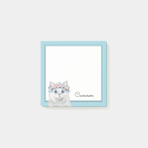 Sweet White Floral Cat Add Your Name Post-it Notes