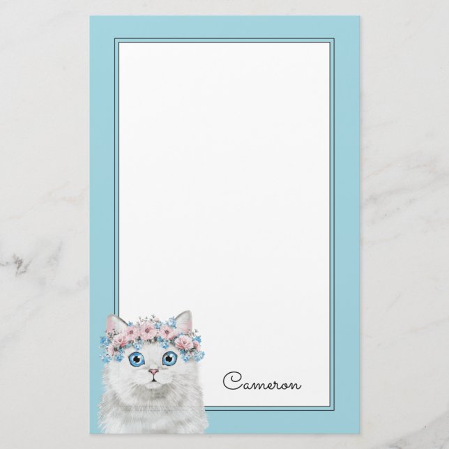 Sweet White Floral Cat | Add Your Name Stationery (Front)