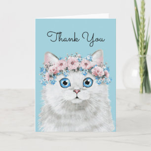 Sweet White Floral Cat Add Your Text Card