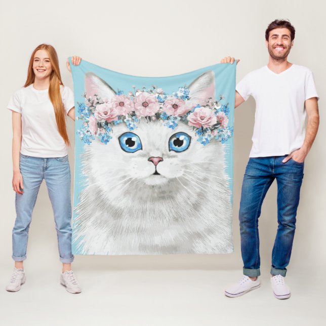 Sweet White Floral Cat Fleece Blanket (In Situ)