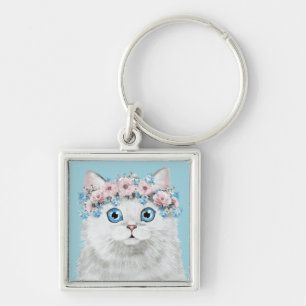Sweet White Floral Cat Key Ring