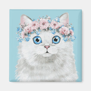 Sweet White Floral Cat Magnet