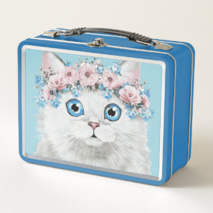 Sweet White Floral Cat Metal Lunch Box