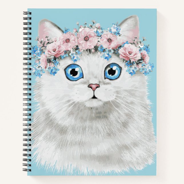 Sweet White Floral Cat Notebook (Front)