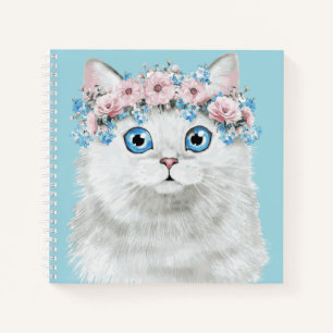 Sweet White Floral Cat Notebook