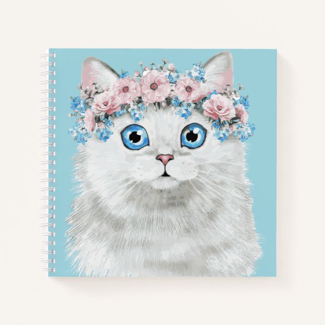 Sweet White Floral Cat Notebook (Front)