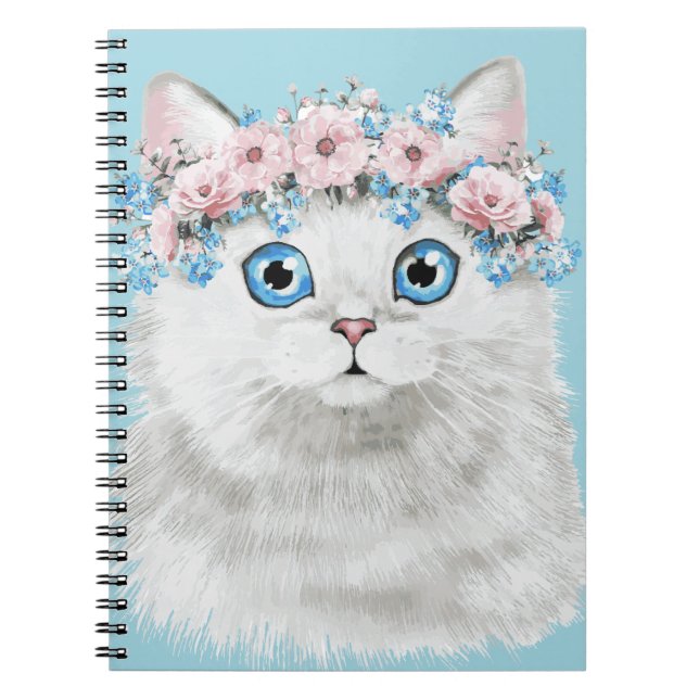 Sweet White Floral Cat Notebook (Front)