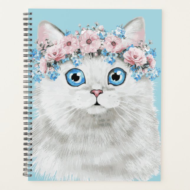 Sweet White Floral Cat Planner (Front)