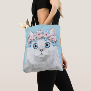Sweet White Floral Cat Tote Bag