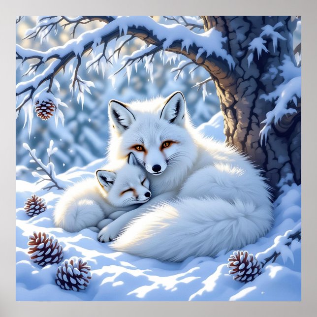 Sweet White Foxes in the Snow Poster (Front)