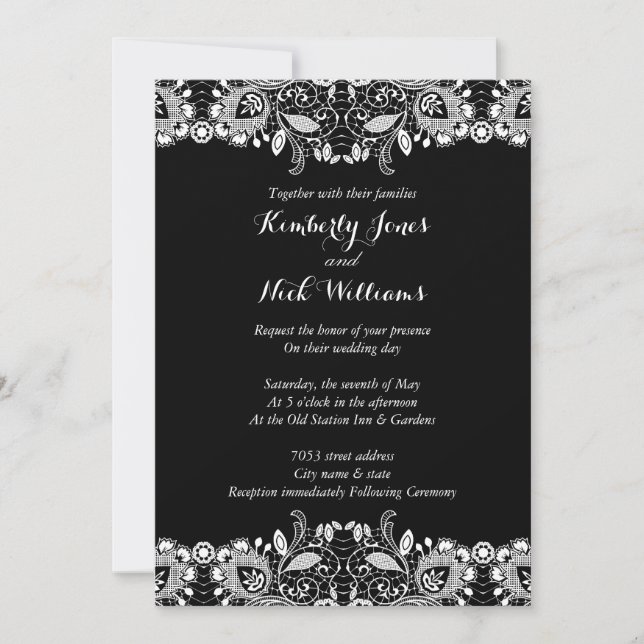 Sweet White Lace Black Wedding Invitation (Front)