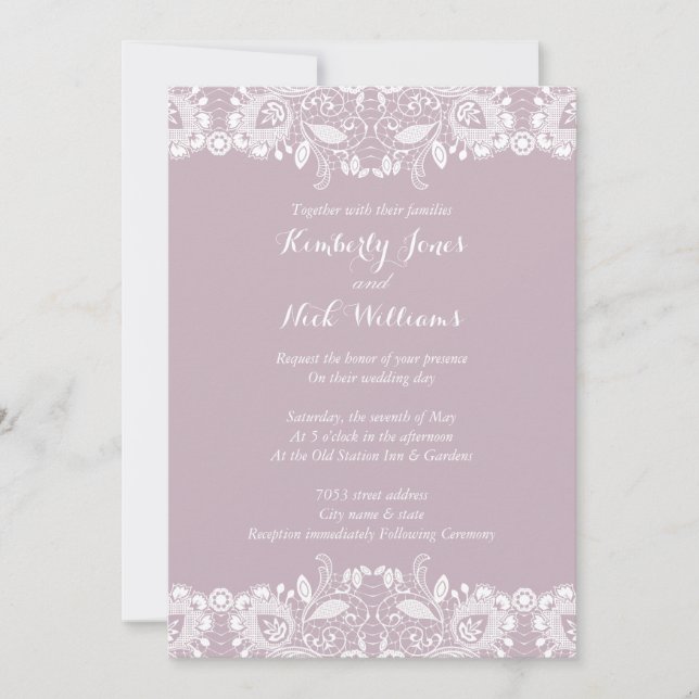 Sweet White Lace Dusty Pink Wedding Invitation (Front)
