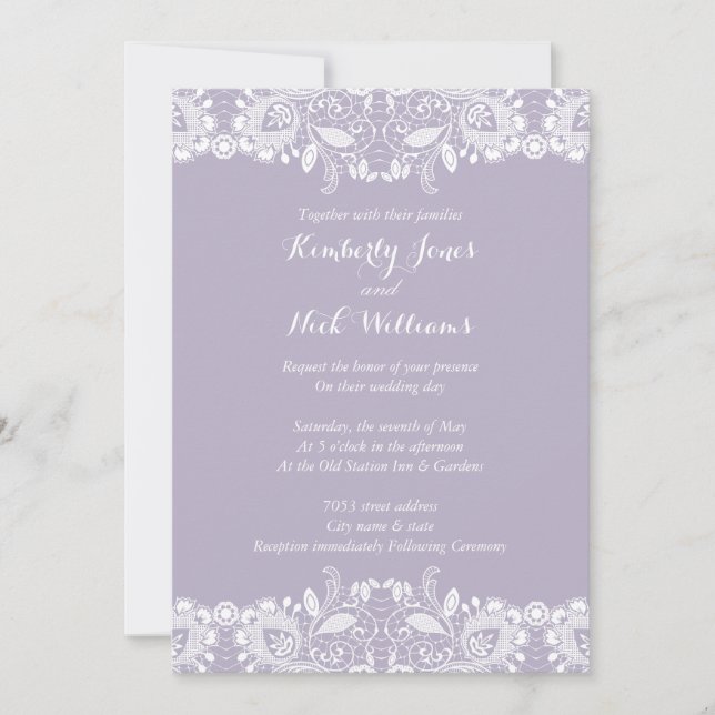 Sweet White Lace Dusty Purple Wedding Invitation (Front)