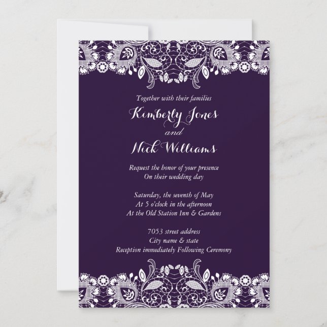 Sweet White Lace Purple Wedding Invitation (Front)
