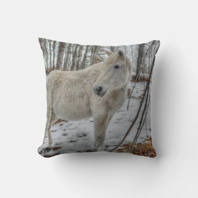 Sweet White Mare and Winter Forest Gift Cushion (Front)