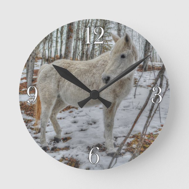 Sweet White Mare and Winter Forest Gift Round Clock (Front)