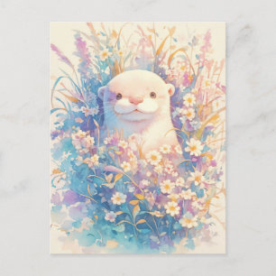 Sweet White Otter in Pastel Wildflower Meadow Postcard
